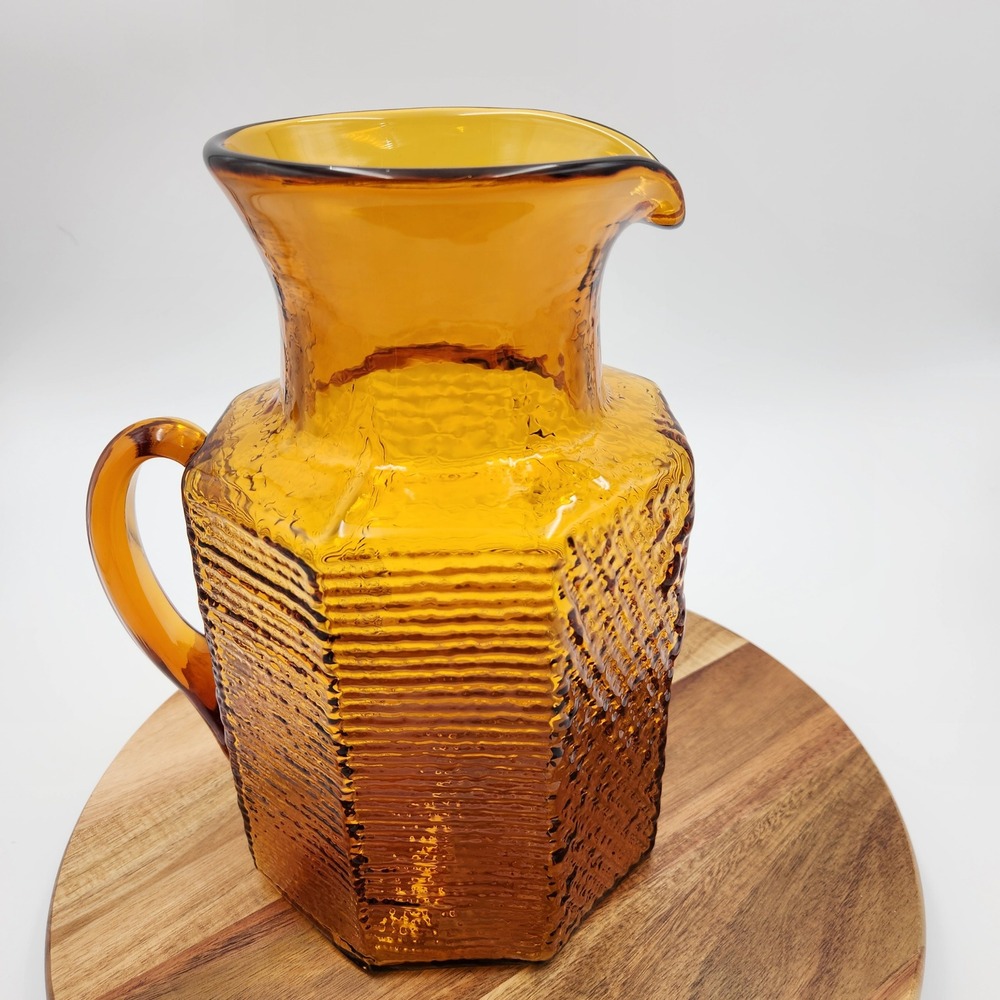 Blenko Pitcher 6720 Textured Joel Myers 1967 Honey Amber Bark Glass MCM 9.5 inch
